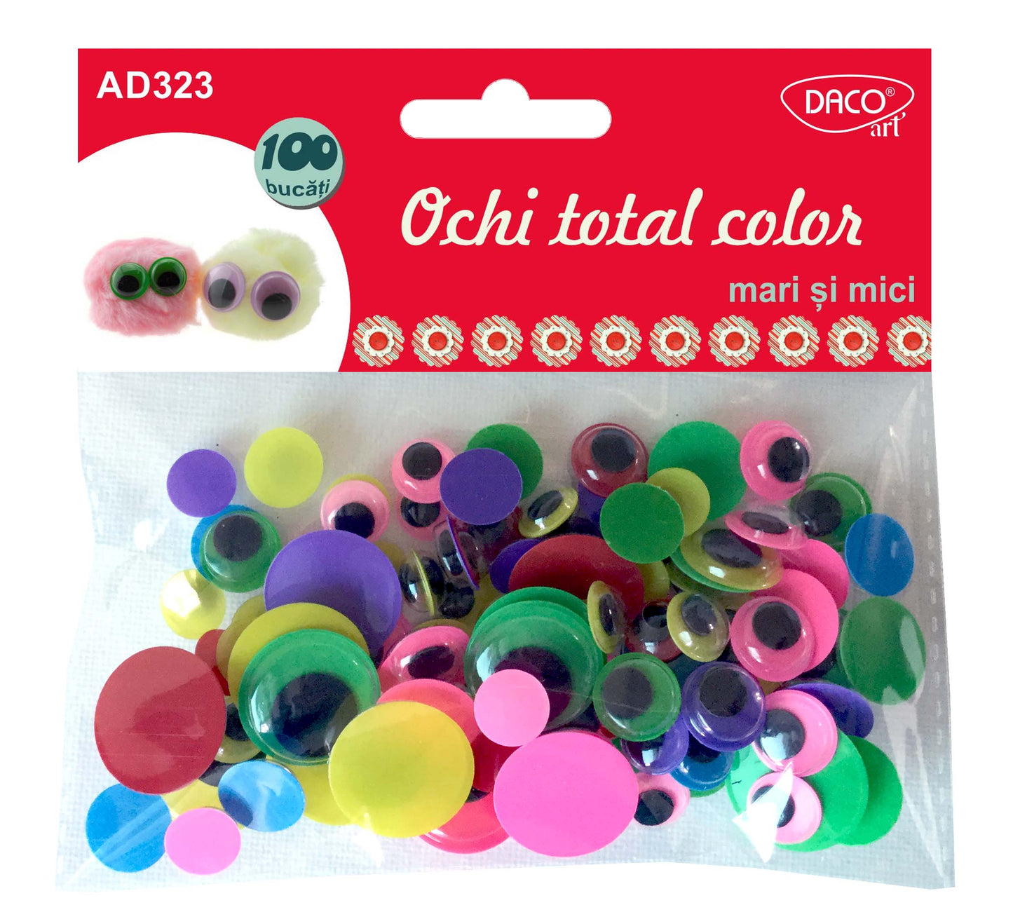 Set de 100 ochi colorați Dacoart în 4 dimensiuni (10-20mm), ideali pentru personalizarea jucăriilor și figurinelor handmade