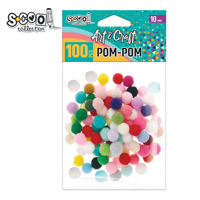 Set de 100 de pom-pom-uri decorative S-COOL (10 mm) în culori asortate, ideale pentru proiecte handmade, bijuterii, activități școlare și decorațiuni creative
