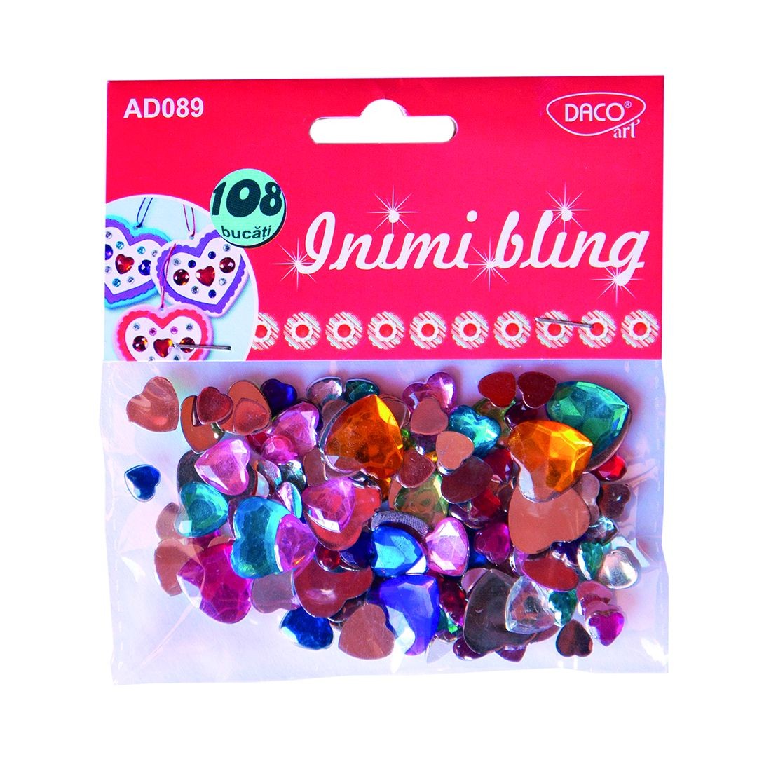 Set de 108 accesorii craft în formă de inimă (Bling) DACOart, cu dimensiuni variate, ideale pentru scrapbooking, felicitări personalizate și decorațiuni DIY