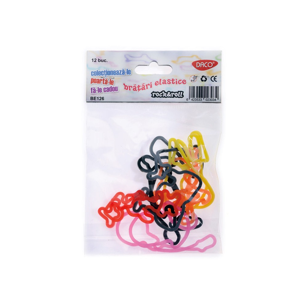 Set de 12 brățări elastice din silicon colorat care revin la forme inspirate din muzica rock, potrivite ca accesorii de modă pentru copii