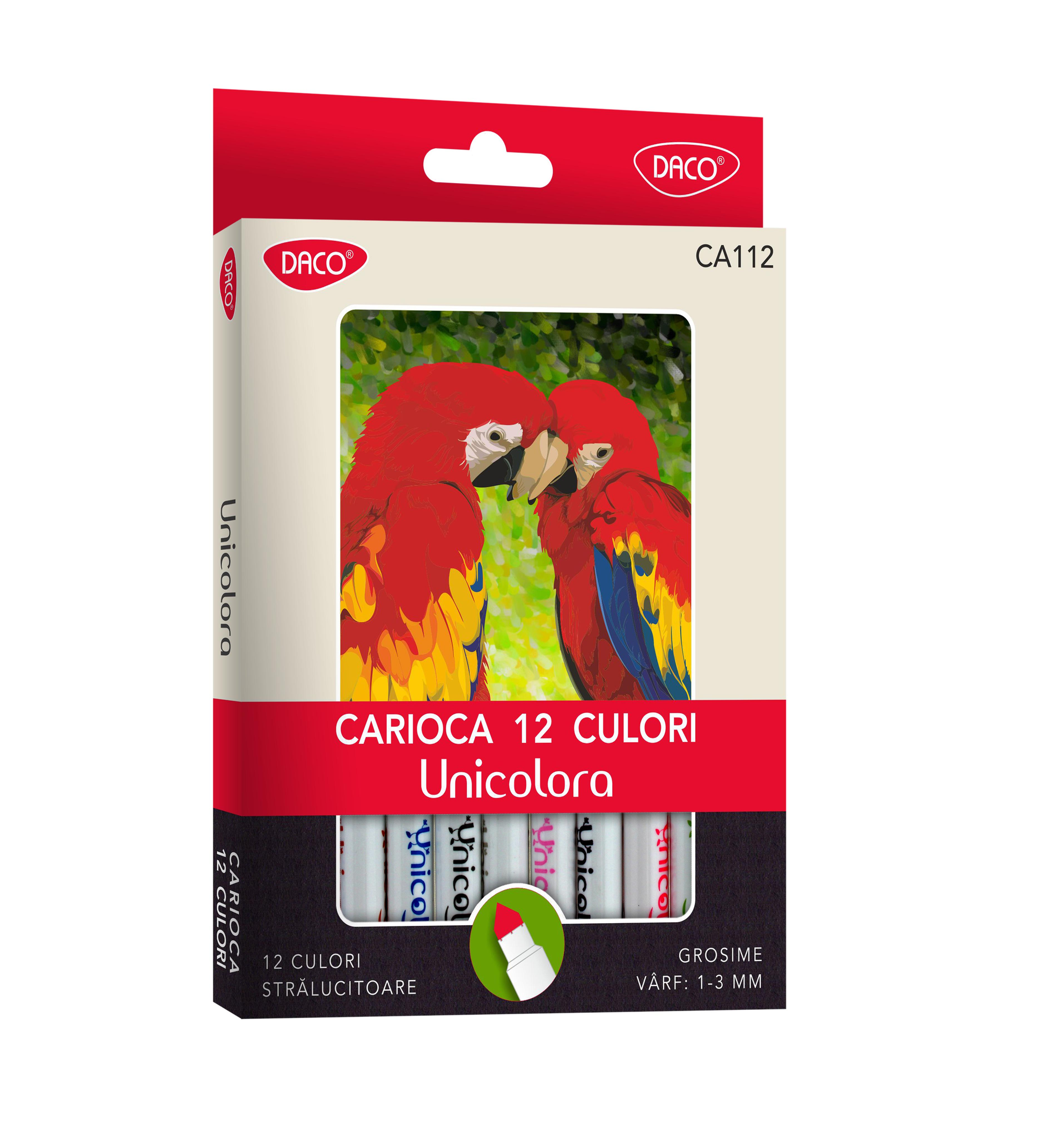 Set de 12 carioci cu vârf conic Daco CA112 Unicolora pe bază de apă pentru desen și școală