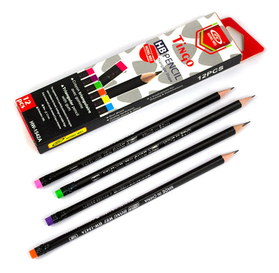 Set 12 creioane grafit HB cu corp negru și radieră colorată neon, formă triunghiulară