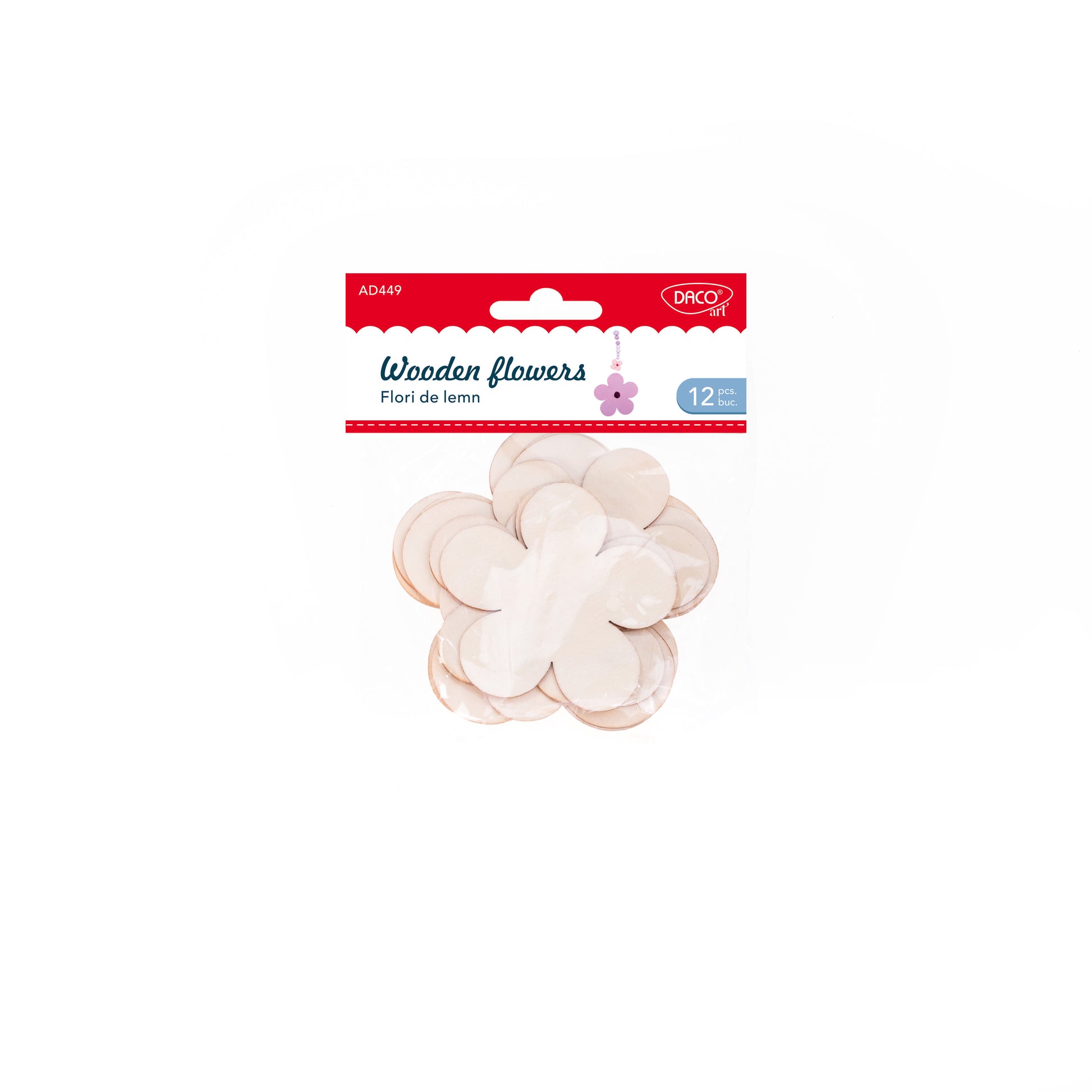 Set de 12 flori decorative din lemn Dacoart, dimensiuni 7.5 cm și 10 cm, ideale pentru scrapbooking, proiecte DIY și decorațiuni handmade.