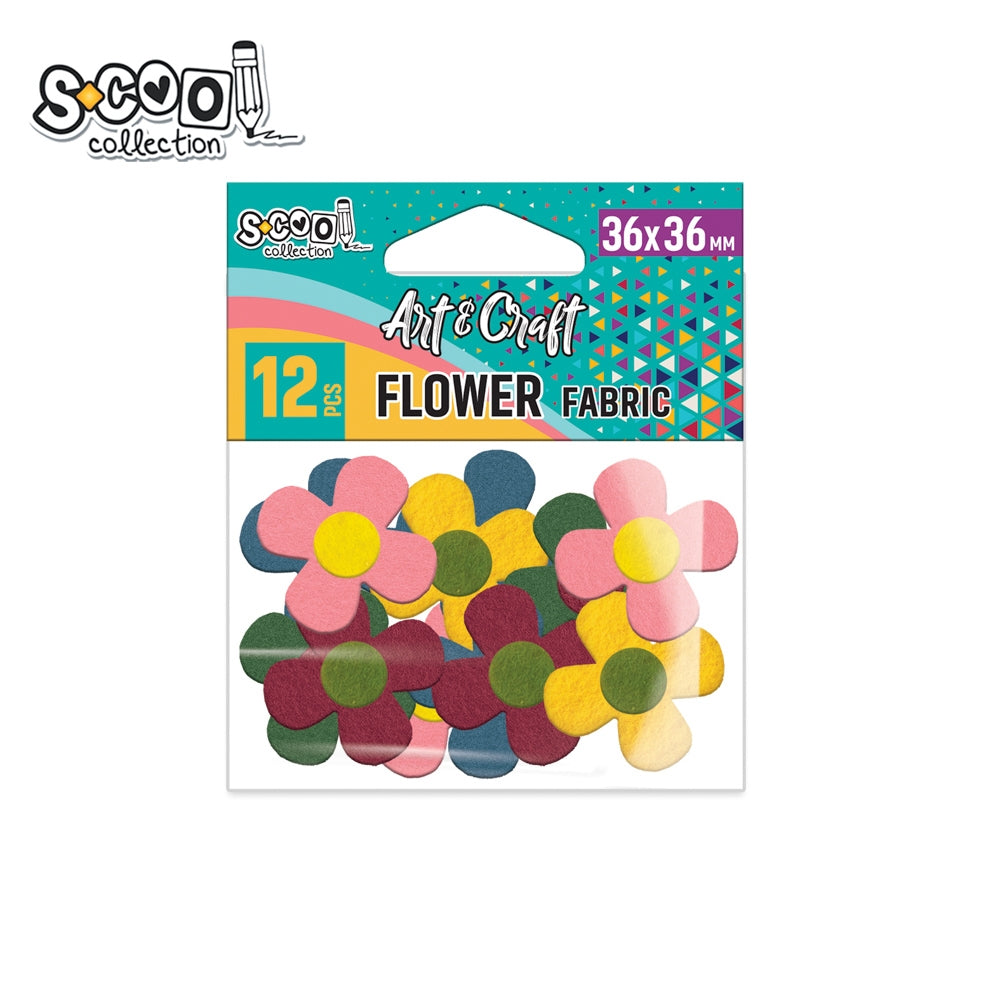 Set de 12 floricele decorative din fetru S-COOL (36 x 36 mm), culori diverse, ideale pentru proiecte handmade, cusut, lipit, scrapbooking și activități creative în școli