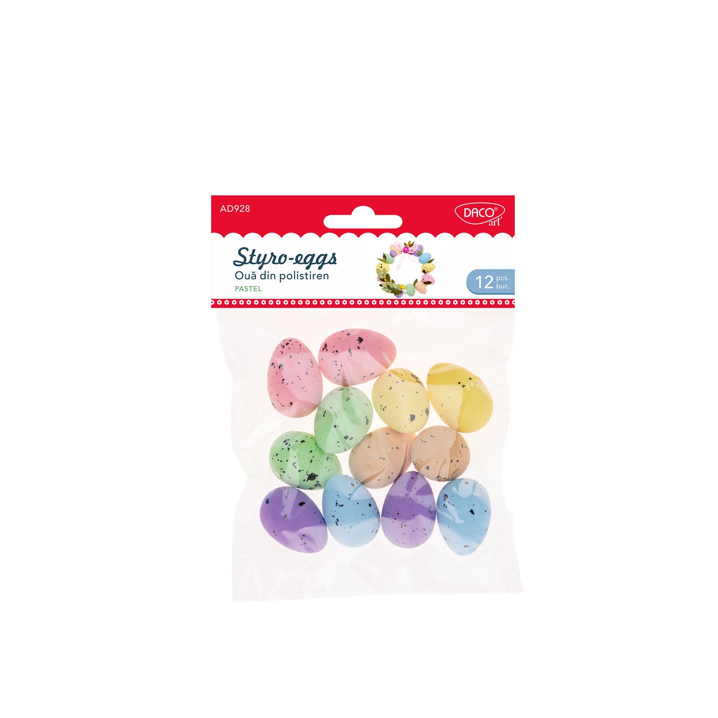 Set de 12 ouă din polistiren Daco (3.5 cm), ideale pentru activități de craft cu copiii, pictat, decorat cu sclipici și realizarea de aranjamente festive de Paște