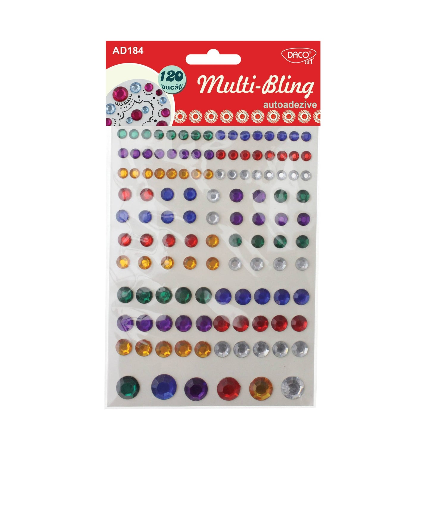 Set de 120 de diamante autoadezive MultiBling DACOart (AD184) în 6 culori și 4 dimensiuni, ideale pentru proiecte DIY, scrapbooking și personalizarea felicitărilor