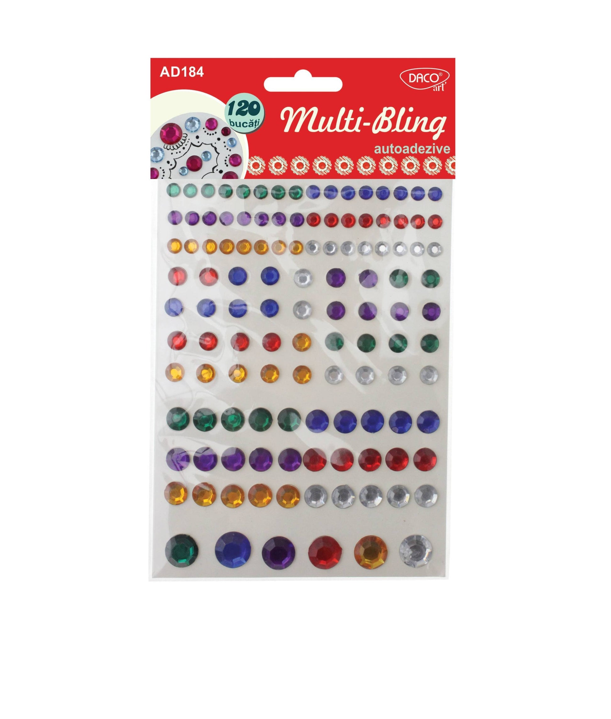 Set de 120 de diamante autoadezive MultiBling DACOart (AD184) în 6 culori și 4 dimensiuni, ideale pentru proiecte DIY, scrapbooking și personalizarea felicitărilor