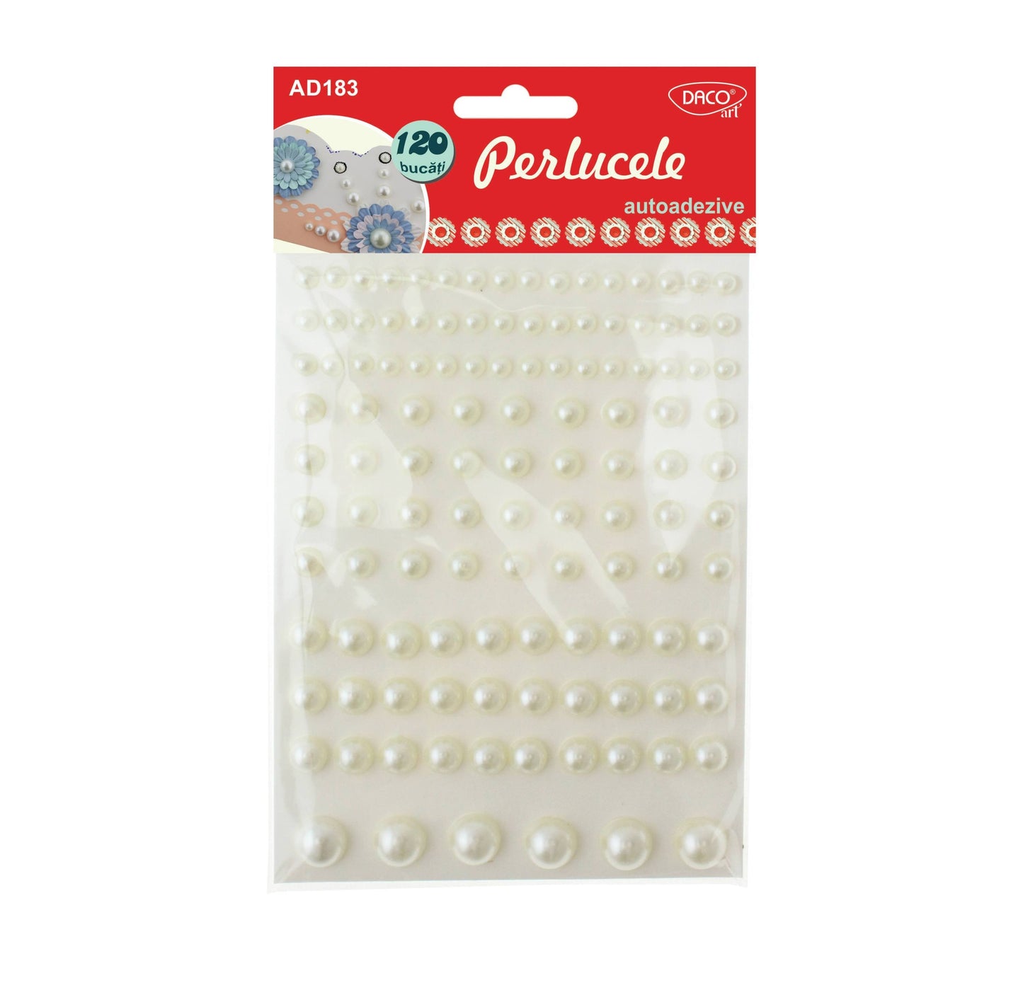 Set de 120 de perle autoadezive DACOart în 4 dimensiuni variabile, ideale pentru decorarea cardurilor, invitațiilor de nuntă, albumelor de scrapbooking și proiectelor handmade