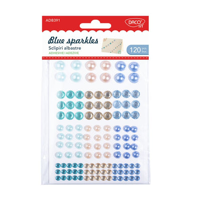 Set de 120 pietricele autoadezive DACOart în nuanță albastră (diametre variate), ideale pentru scrapbooking, felicitări, obiecte personalizate și proiecte handmade creative
