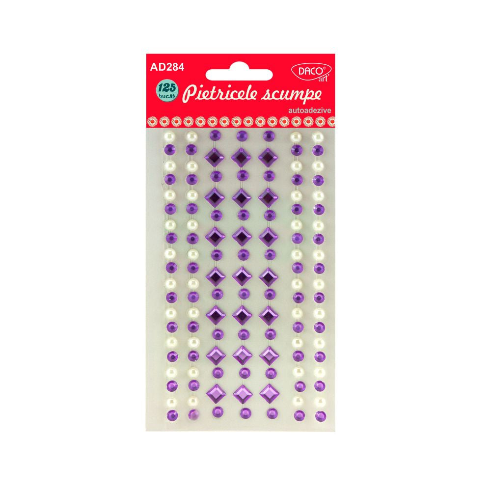 Set de 125 pietricele autoadezive DACOart în modele semisferă și romb, ideale pentru scrapbooking, felicitări, bijuterii handmade și proiecte creative sofisticate