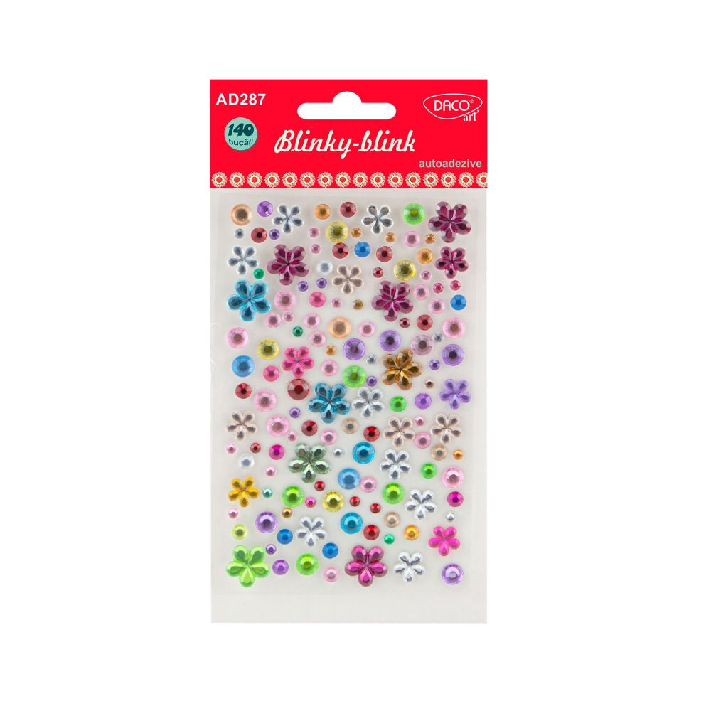 Set de 140 accesorii craft autoadezive DACOart cu modele semisferă și floare, ideale pentru scrapbooking, felicitări personalizate, proiecte școlare și decorațiuni handmade