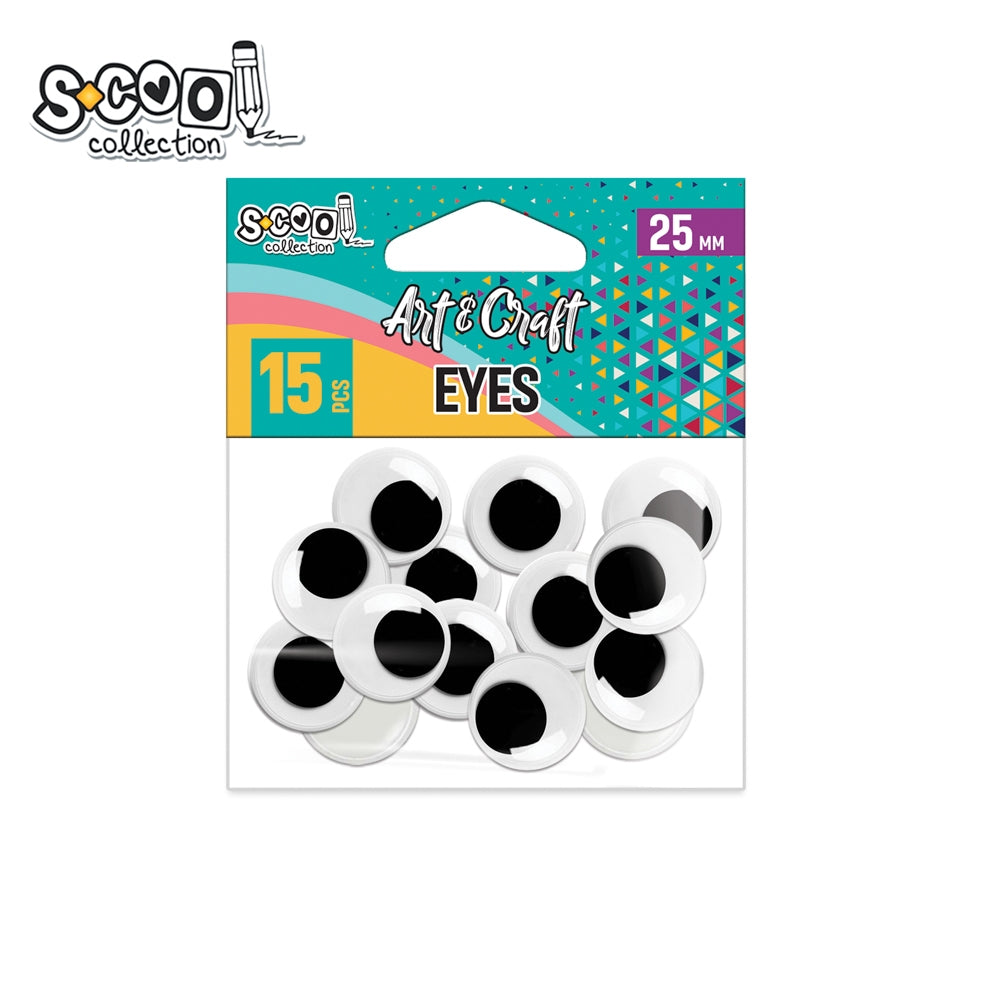 Set de 15 ochișori decorativi S-COOL (25 mm), cu efect 3D și mișcare fluidă, ideali pentru proiecte creative, păpuși mari, figurine și activități handmade.