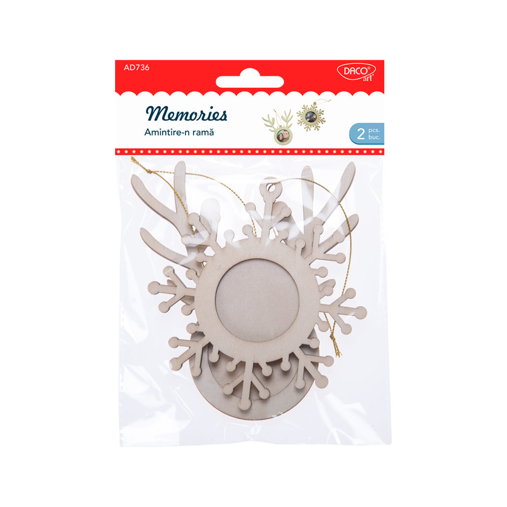 Set de 2 decorațiuni din lemn „Amintire în ramă” Daco (fulg și ren), includ șnur pentru agățare, ideale pentru bradul de Crăciun și decoruri festive handmade