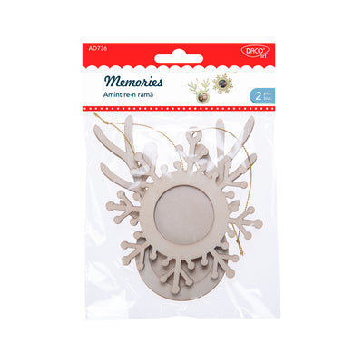 Set de 2 decorațiuni din lemn „Amintire în ramă” Daco (fulg și ren), includ șnur pentru agățare, ideale pentru bradul de Crăciun și decoruri festive handmade