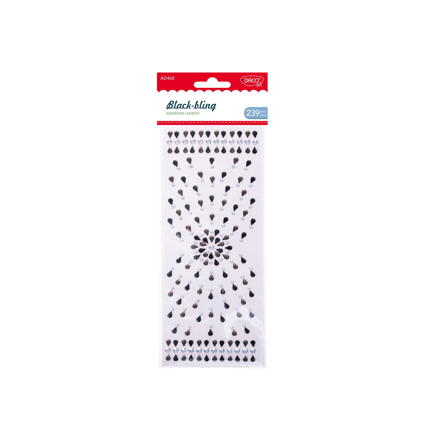 Set de 239 pietricele autoadezive DACO Black Bling în nuanță neagră lucioasă (dimensiuni variate), ideale pentru scrapbooking, felicitări, invitații și proiecte handmade sofisticate