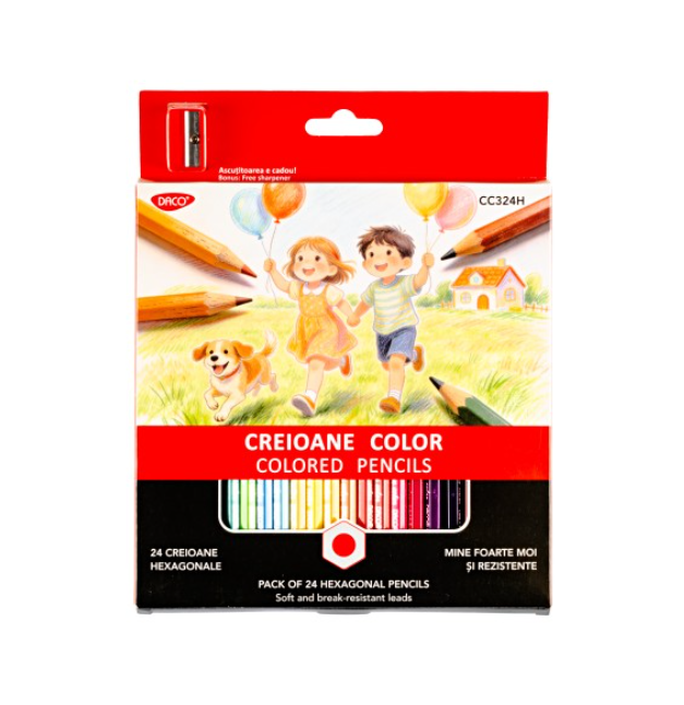 Set de 24 creioane colorate cu ascuțitoare Daco CC324H pentru desen și școală