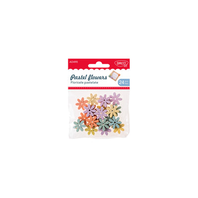 Set de 24 floricele decorative din lemn Dacoart în nuanțe pastelate, dimensiune 2 cm, ideale pentru scrapbooking, felicitări handmade și proiecte creative DIY