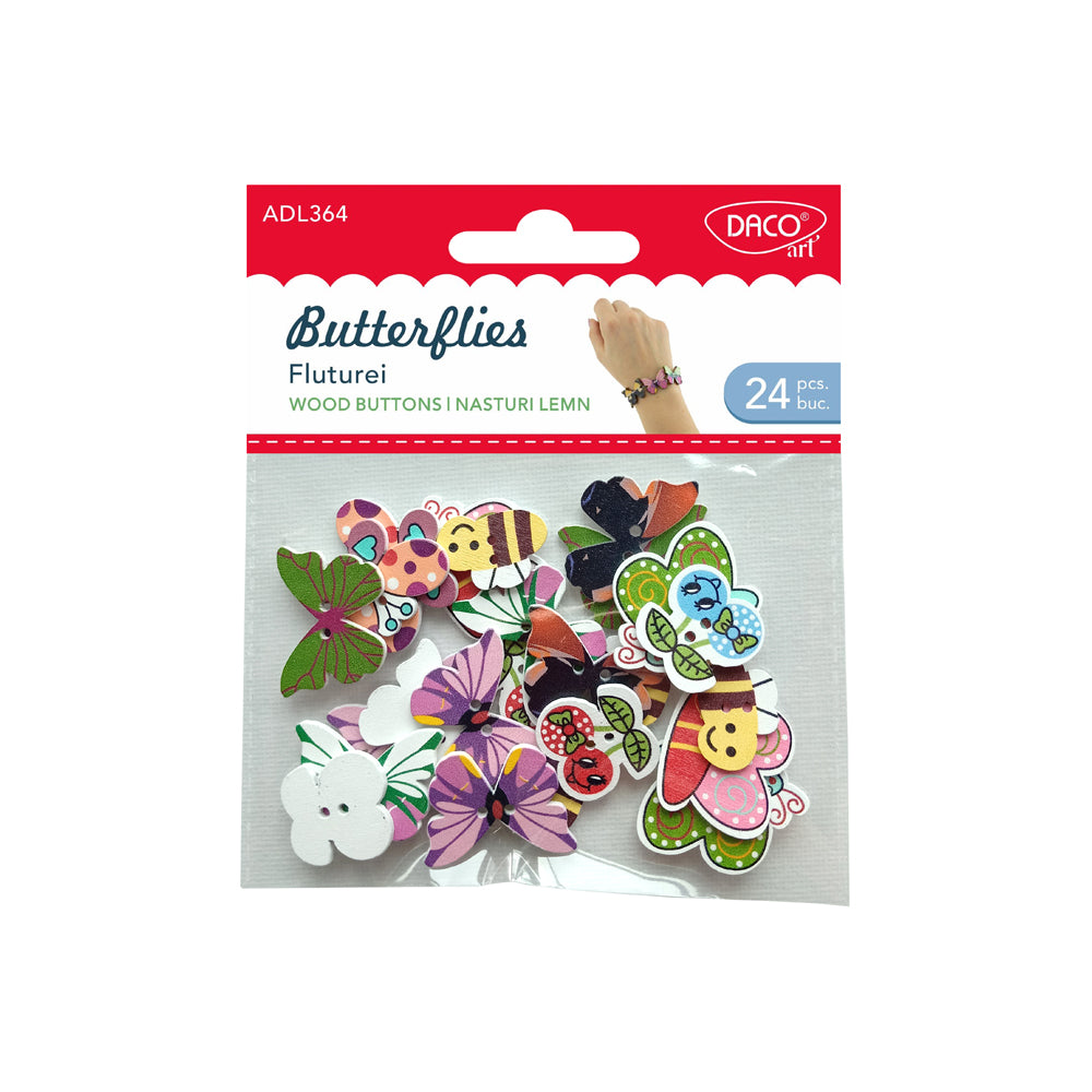 Set de 24 fluturași decorativi din lemn natur Dacoart, ideali pentru proiecte handmade, scrapbooking și decorațiuni elegante