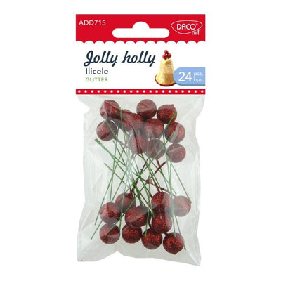 Set de 24 ilice decorative roșii cu glitter Daco (6 cm) pentru Crăciun, ideale pentru aranjamente, coronițe, brad și decoruri festive strălucitoare