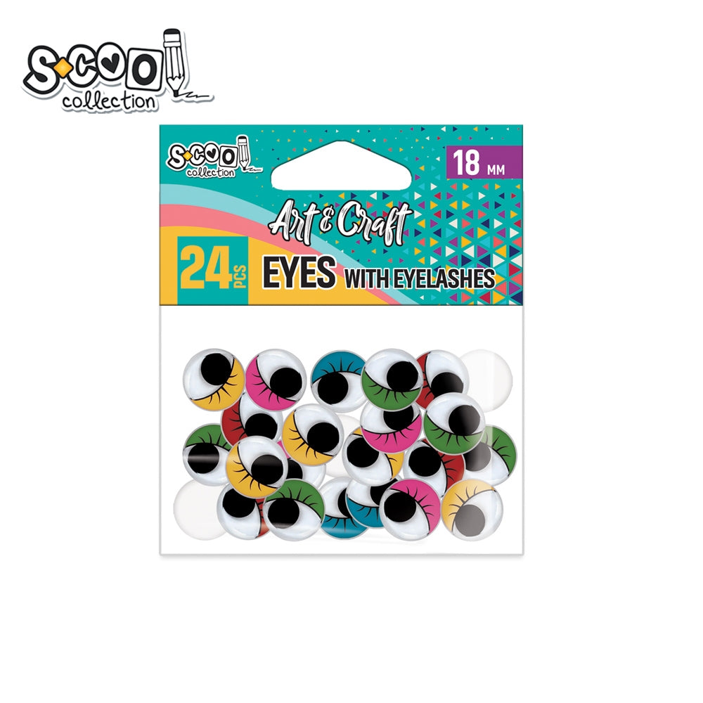 Set de 24 de ochișori decorativi cu gene colorate S-COOL (18 mm), cu iris mobil 360°, ideali pentru proiecte creative, păpuși, figurine și activități handmade