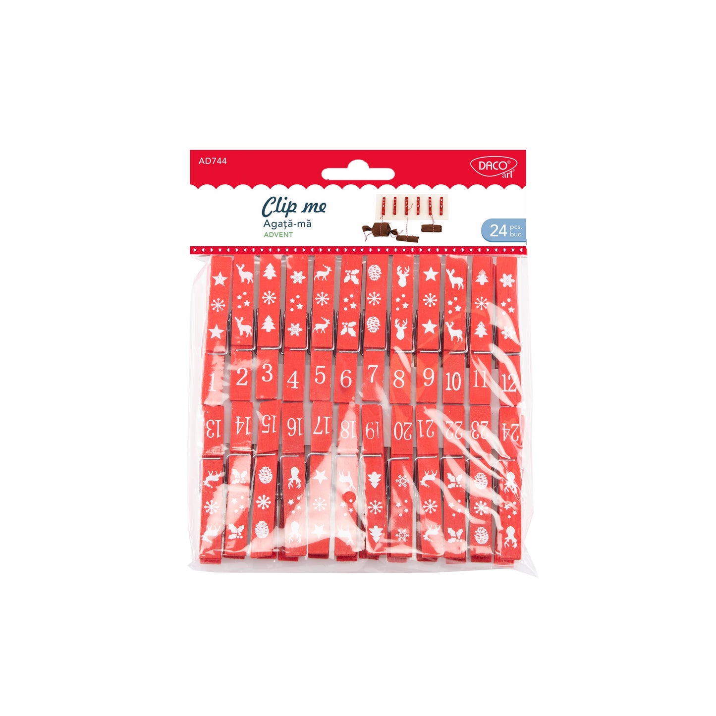 Set de 24 ornamente din lemn „Agață-mă Advent” Daco (7.3 cm) în culori roșu și alb, ideale pentru calendare de Advent, bradul de Crăciun și cadouri personalizate