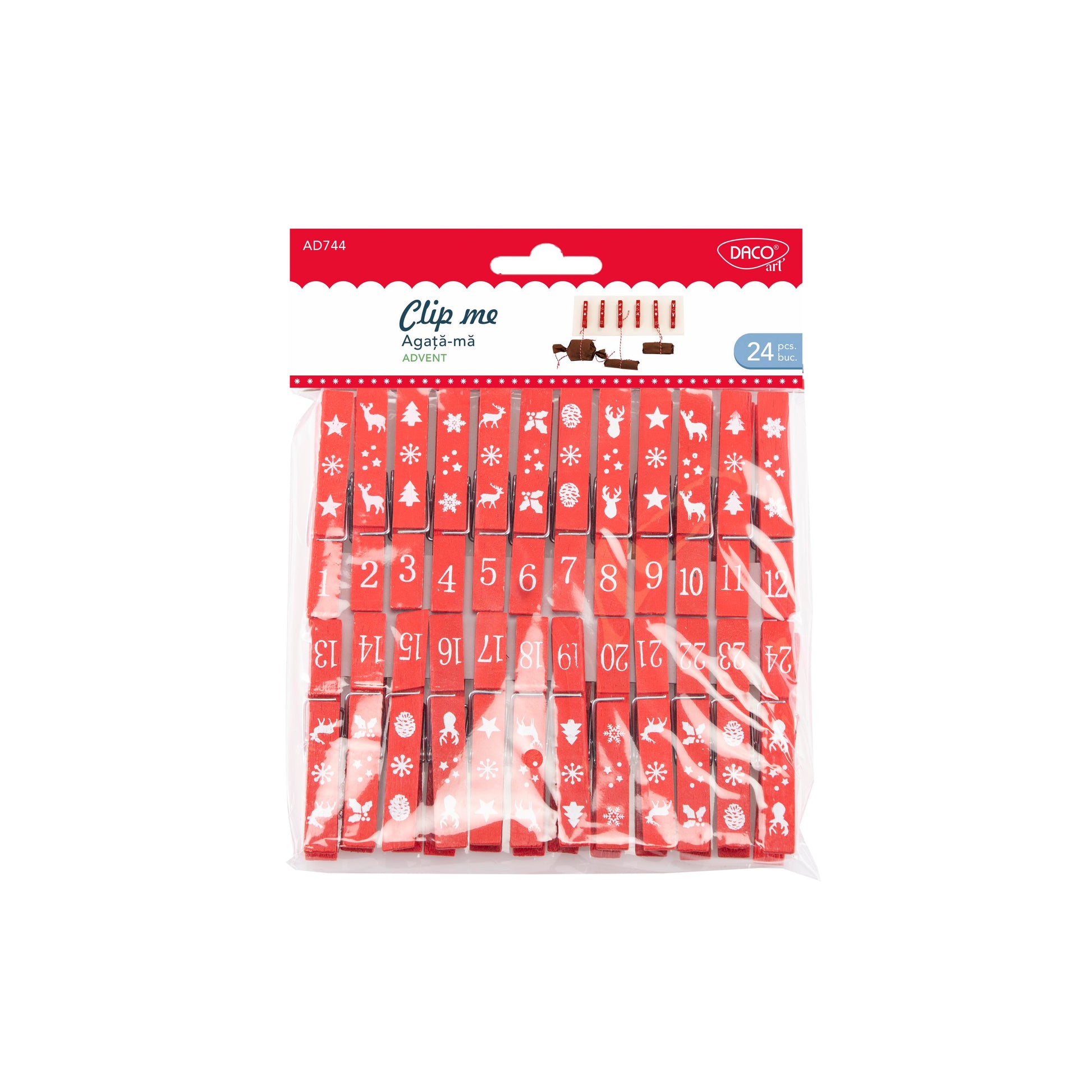 Set de 24 ornamente din lemn „Agață-mă Advent” Daco (7.3 cm) în culori roșu și alb, ideale pentru calendare de Advent, bradul de Crăciun și cadouri personalizate