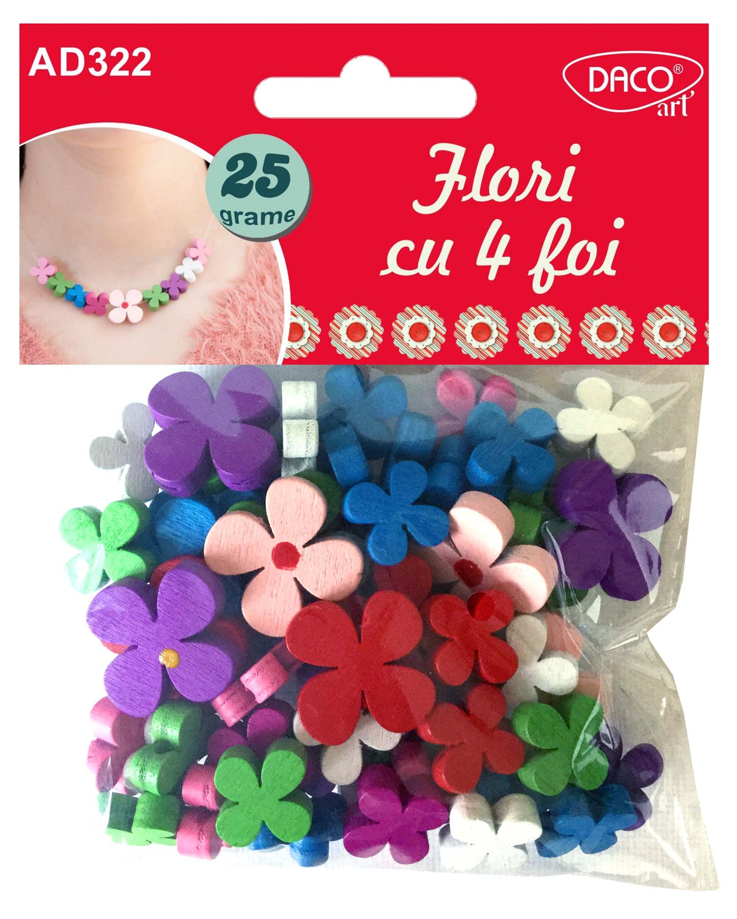 Flori decorative din lemn cu 4 foi Dacoart, mix de 8 culori, dimensiuni 2.2 cm și 1.5 cm, ideale pentru scrapbooking și proiecte handmade