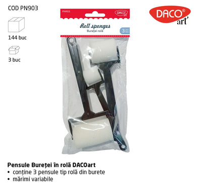 Set de 3 pensule cu burete de dimensiuni diferite (25-60 mm), ideale pentru aplicarea uniformă a vopselei, lacului și adezivului în proiecte handmade sau de recondiționare