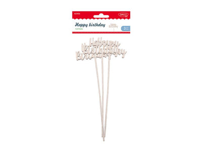 Set de 3 toppere pentru tort „Happy Birthday” din lemn Dacoart, 9 x 24 cm, ideale pentru decorarea torturilor aniversare și a petrecerilor festive