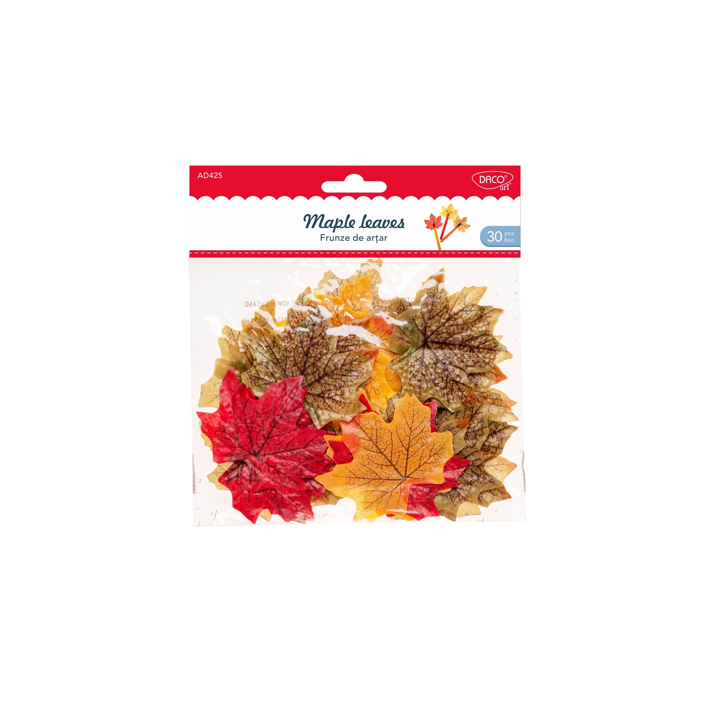 Set de 30 frunze decorative de arțar Dacoart, material textil, 7 cm, ideale pentru aranjamente florale, colaje și decorațiuni de toamnă.