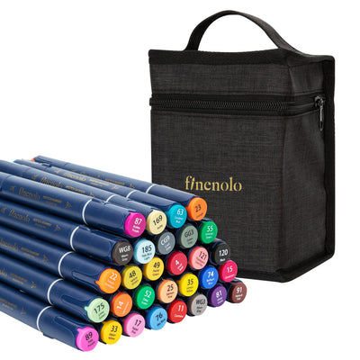 Set de 30 markere sketching Deli cu vârf dublu și husă textilă pentru desen și ilustrații
