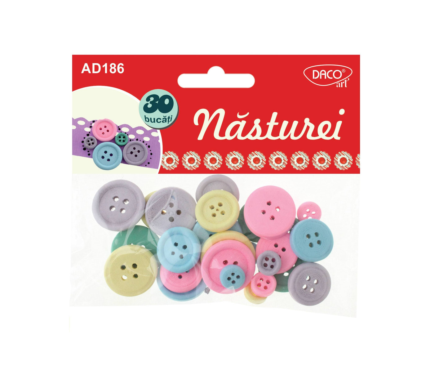 Set de 30 năsturei din lemn în culori pastel, de diferite dimensiuni, ideali pentru decorarea proiectelor handmade și scrapbooking.