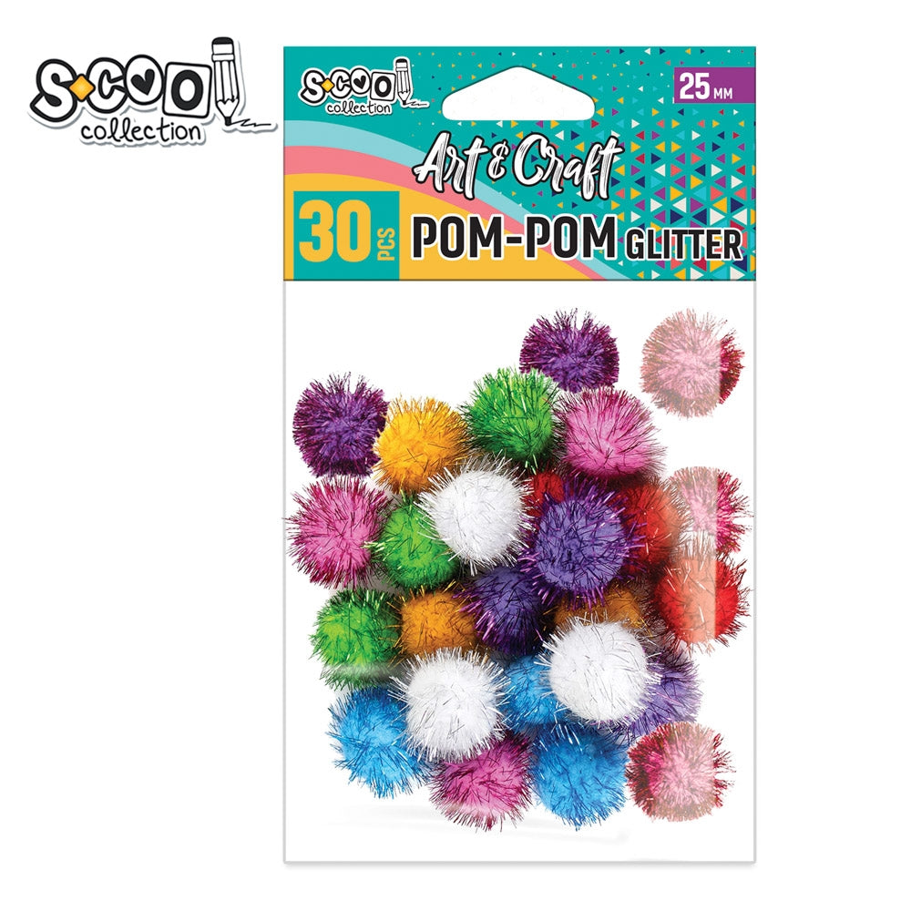 Set de 30 de pom-pom-uri pufoase și sclipitoare S-COOL (25 mm), ideale pentru decorare genti, proiecte handmade, activități creative și decorațiuni festive