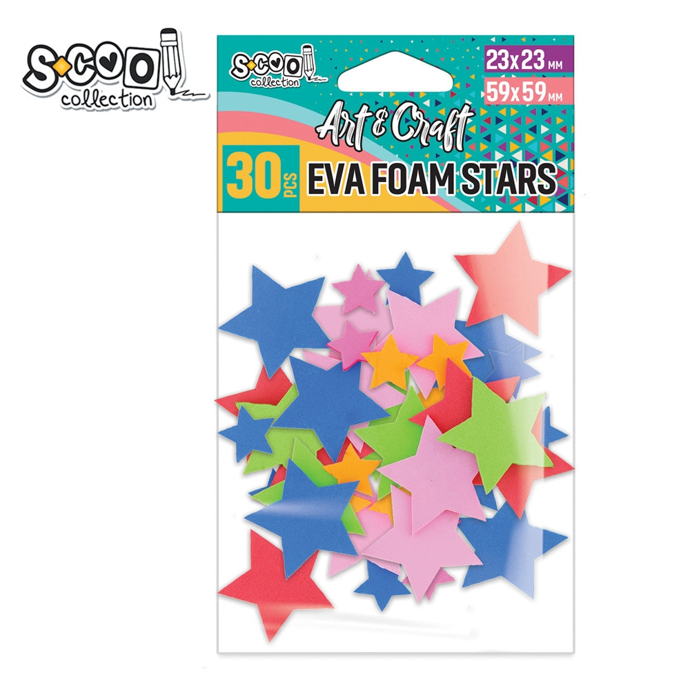 Set de 30 de steluțe autoadezive din spumă EVA S-COOL, în 3 dimensiuni și culori diverse, ideale pentru proiecte handmade, felicitări, școală și activități creative