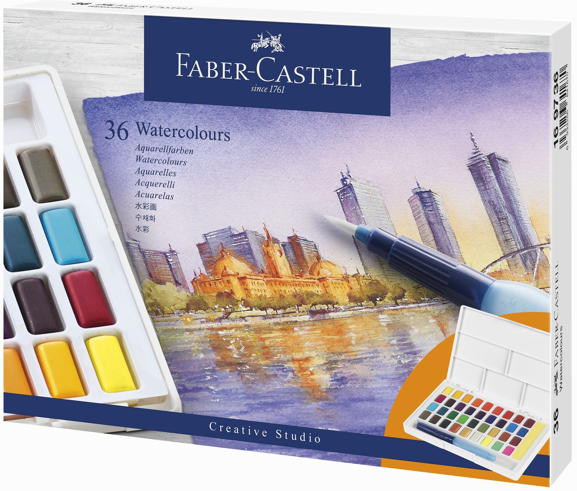 Set extins de 36 acuarele profesionale Faber-Castell Creative Studio cu pensula cu rezervor inclusa si paleta de amestecare pentru artisti