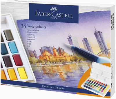 Set extins de 36 acuarele profesionale Faber-Castell Creative Studio cu pensula cu rezervor inclusa si paleta de amestecare pentru artisti