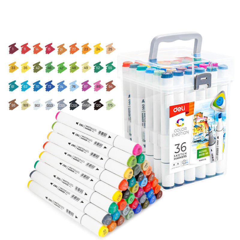 Set de 36 markere sketching Deli Color Emotion cu vârf dublu și cutie din plastic pentru desen și ilustrații