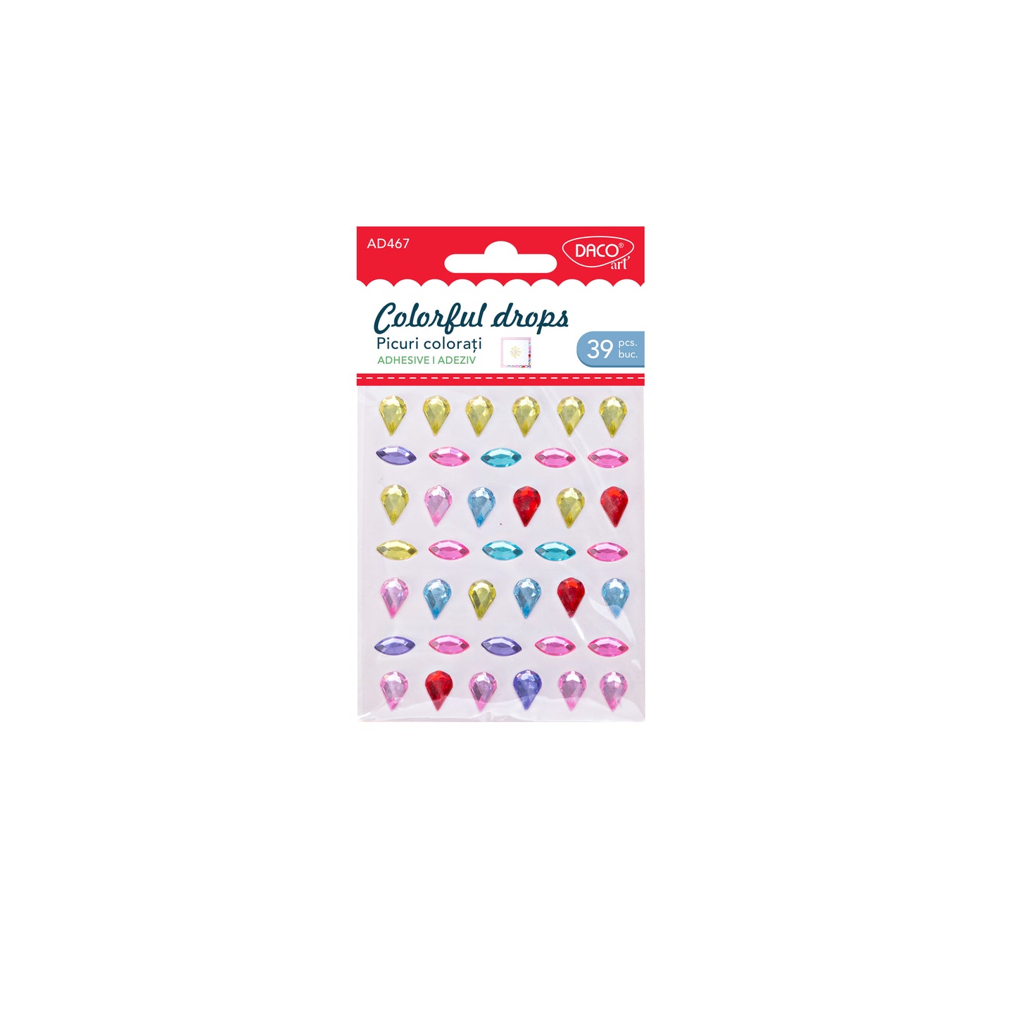 Set de 39 picuri decorativi autoadezivi DACO în culori vibrante și dimensiuni variate, ideali pentru scrapbooking, felicitări, albume foto, obiecte DIY și proiecte creative handmade