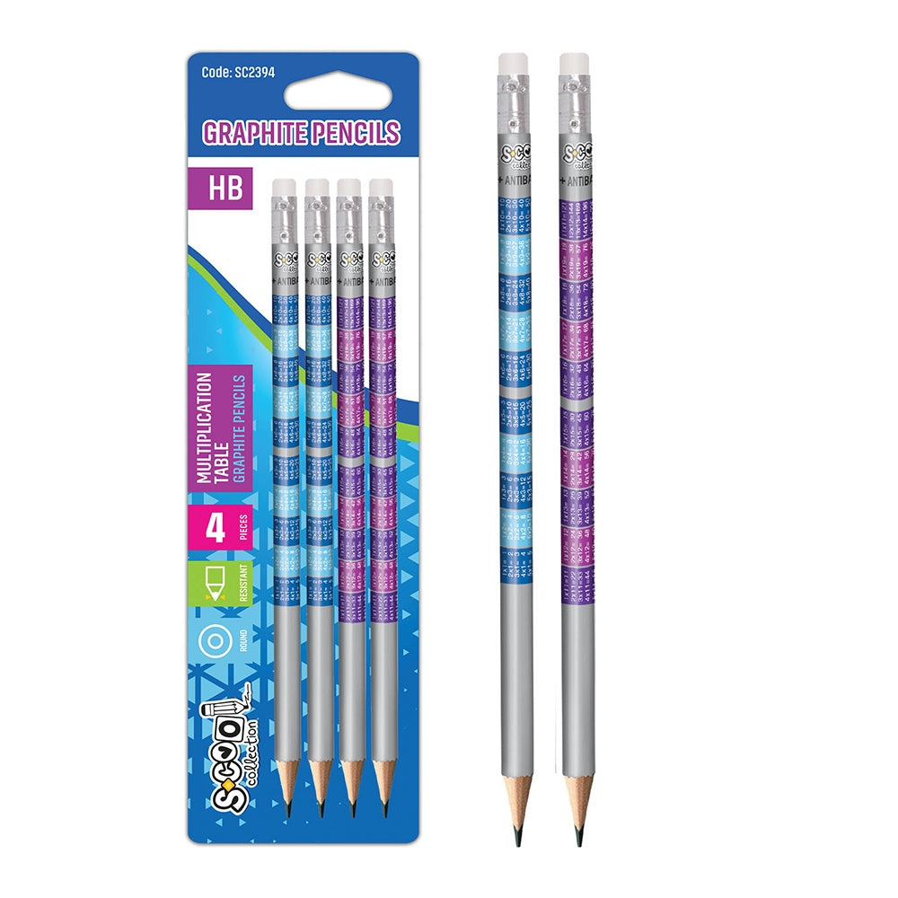 Set de 4 creioane grafit HB S-Cool cu imprimeu Tabla Înmulțirii și radieră, ideale pentru școală