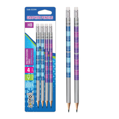Set de 4 creioane grafit HB S-Cool cu imprimeu Tabla Înmulțirii și radieră, ideale pentru școală