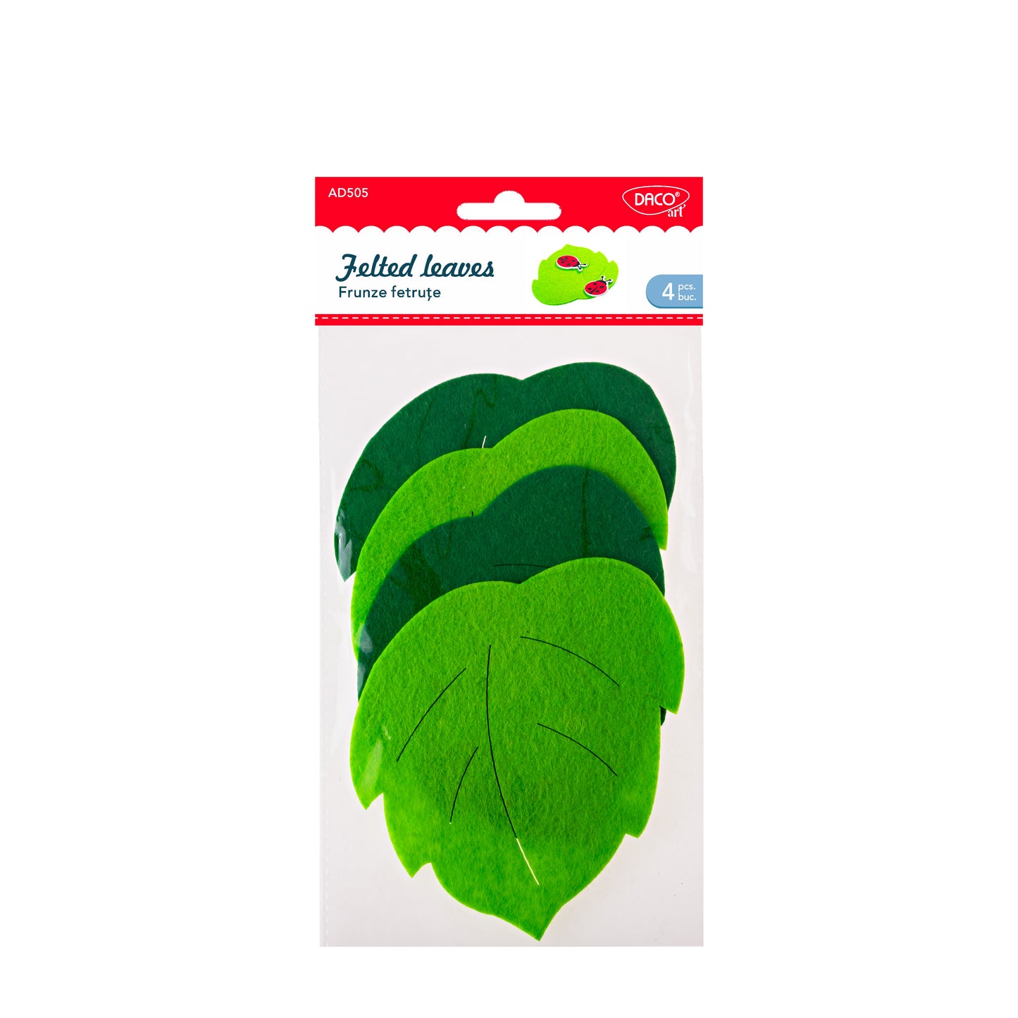Set de 4 frunze decorative din fetru Dacoart (12 cm) în nuanțe de verde deschis și închis, ideale pentru aranjamente florale, proiecte creative și decoruri naturale