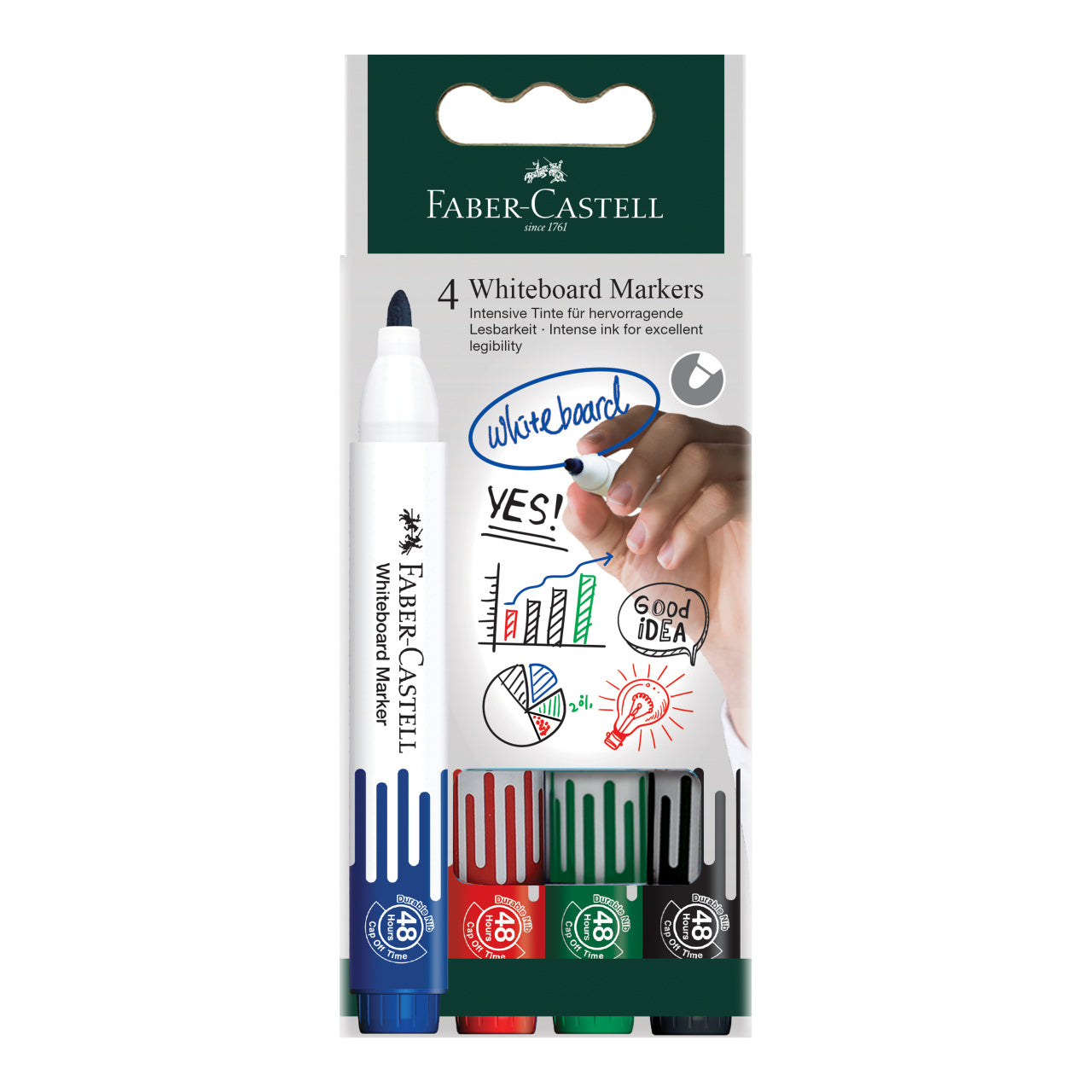 Set 4 markere whiteboard Faber-Castell W20 varf 2.25 mm negru albastru rosu verde stergere uscata