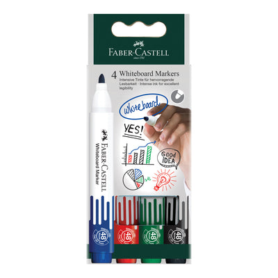 Set 4 markere whiteboard Faber-Castell W20 varf 2.25 mm negru albastru rosu verde stergere uscata