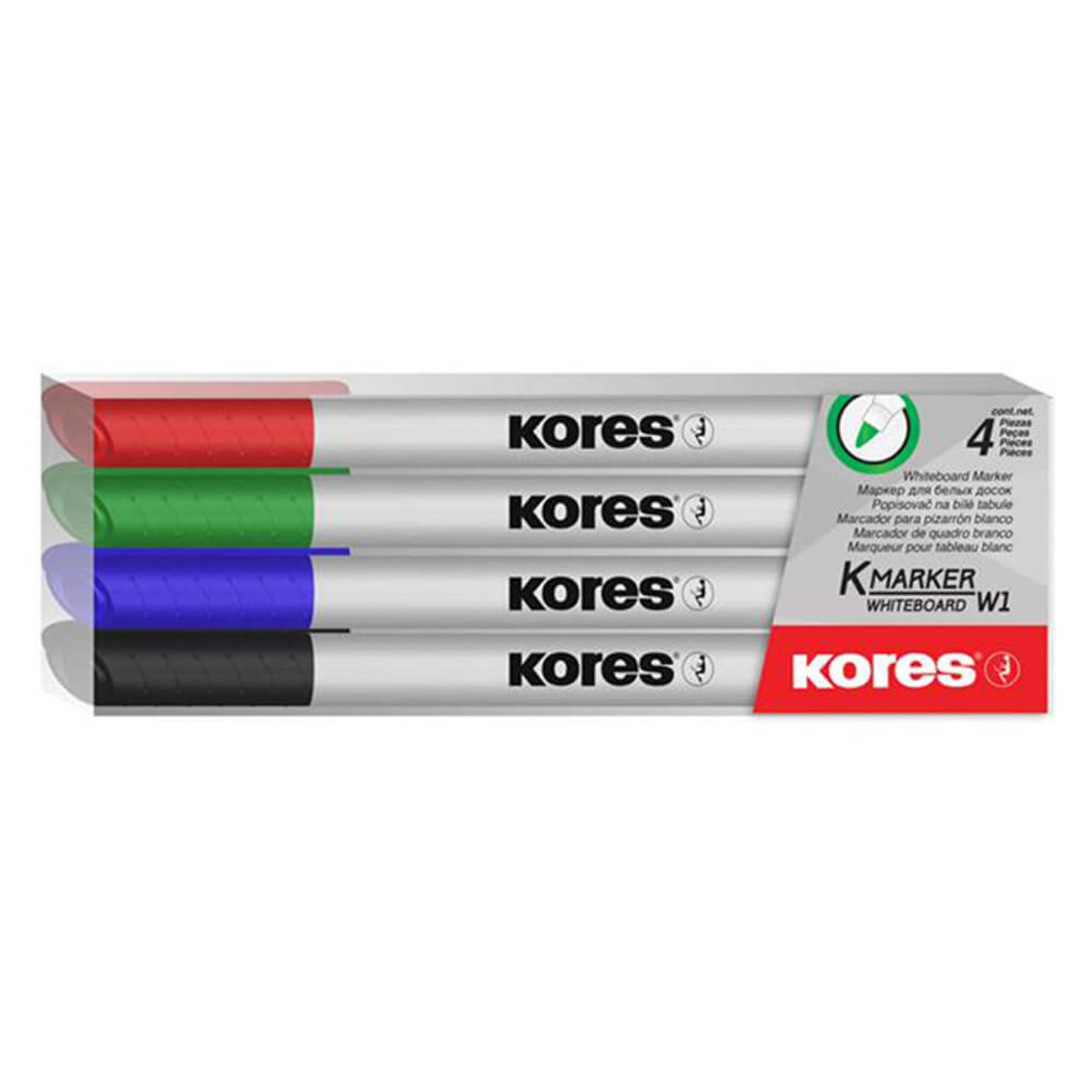 Set 4 markere whiteboard Kores Slim culori negru albastru rosu verde stergere fara urme non-toxic