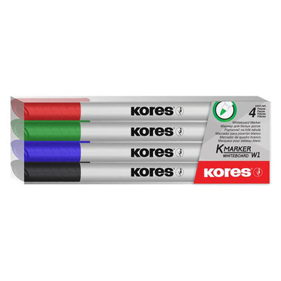 Set 4 markere whiteboard Kores Slim culori negru albastru rosu verde stergere fara urme non-toxic