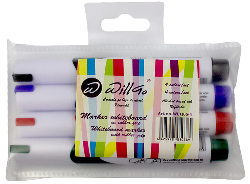 Set 4 markere whiteboard Willgo negru albastru rosu verde varf rotund 1-3mm pentru table magnetice si sticla