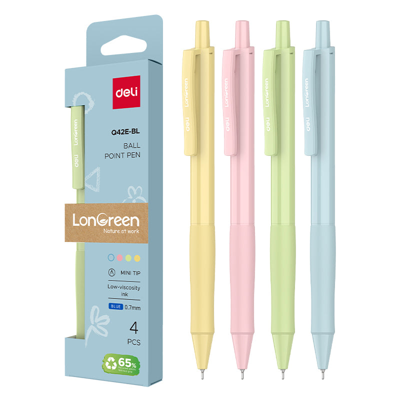 Set de 4 pixuri cu mecanism Deli Longreen din plastic reciclat cu vârf de 0.7 mm și cerneală albastră