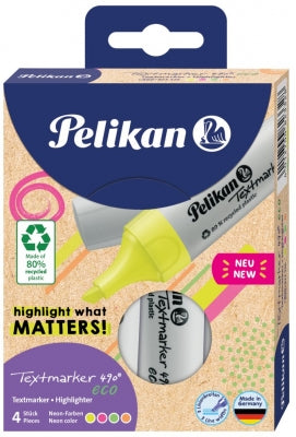 Set 4 textmarkere Pelikan 490 ECO culori neon galben portocaliu verde roz fabricate din 80 la suta plastic reciclat varf tesit 3 latimi