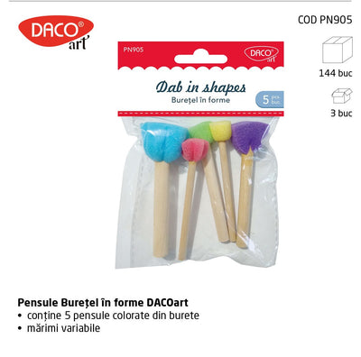 Set de 5 pensule cu burete pentru ștampilare cu forme diverse (stea, floare, cerc, dreptunghi), mânere din lemn, ideale pentru pictură, craft și proiecte creative