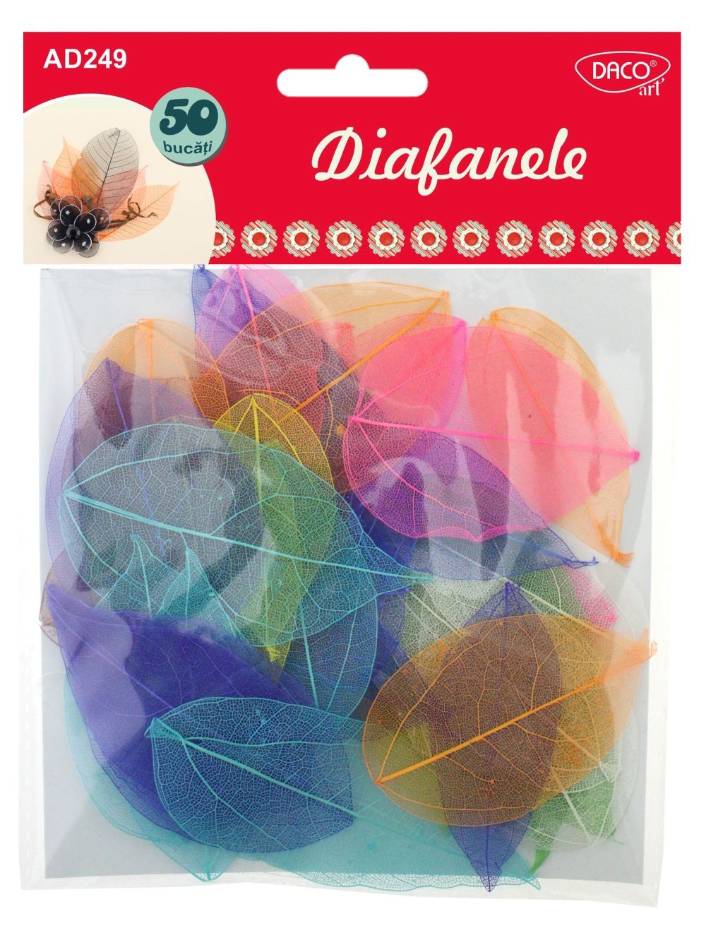 Set de 50 frunze decorative diafane Dacoart, de diferite culori și dimensiuni, ideale pentru scrapbooking și proiecte artistice handmade